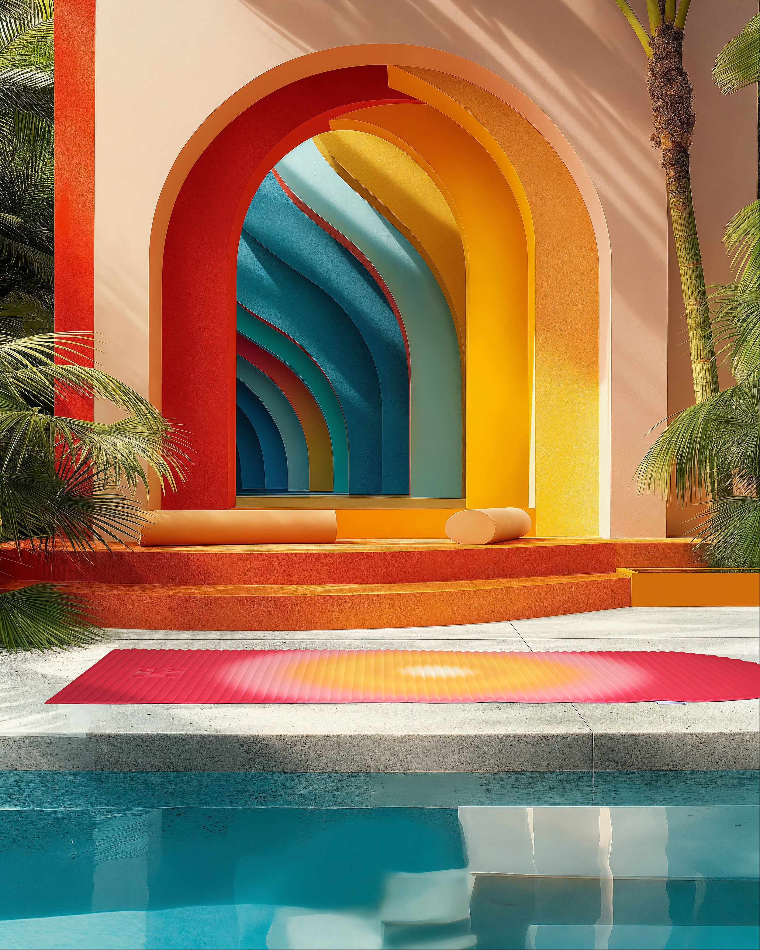 Tapis de sol pour le fitness le yoga et le pilates de la marque hercule studio en collaboration avec uchronia modèle archy imprimé summer shooting déplié sur un fond architectural et estivale réalisé par l'inteligence artificielle