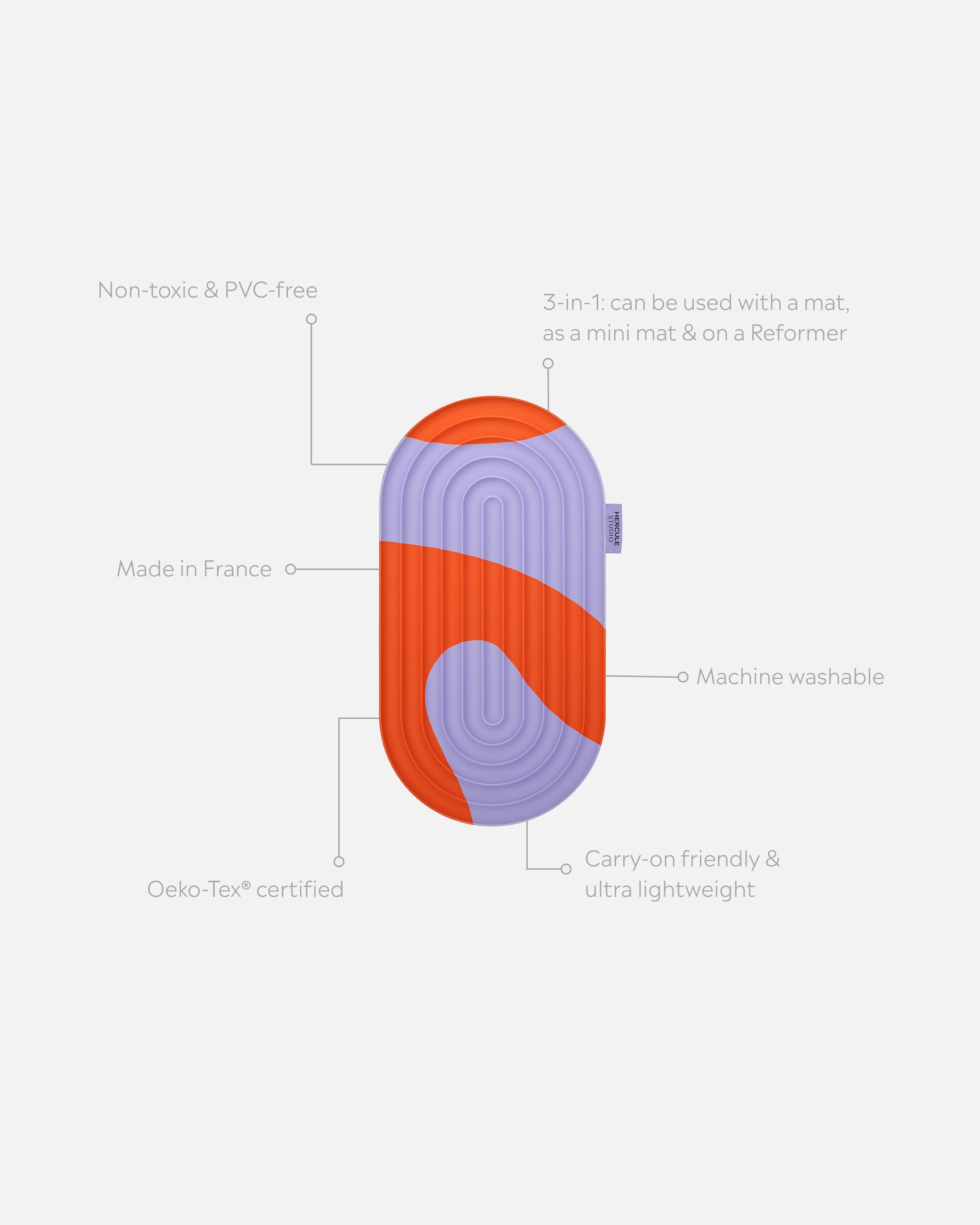 Pad Galé Hercule Studio déplié avec traits d’information – mini tapis 3‑en‑1 imprimé rouge et violet (Axel) – ergonomique pour genoux, coudes, fessiers, multi-usage nomade, compatible Pilates/Reformer, design français durable