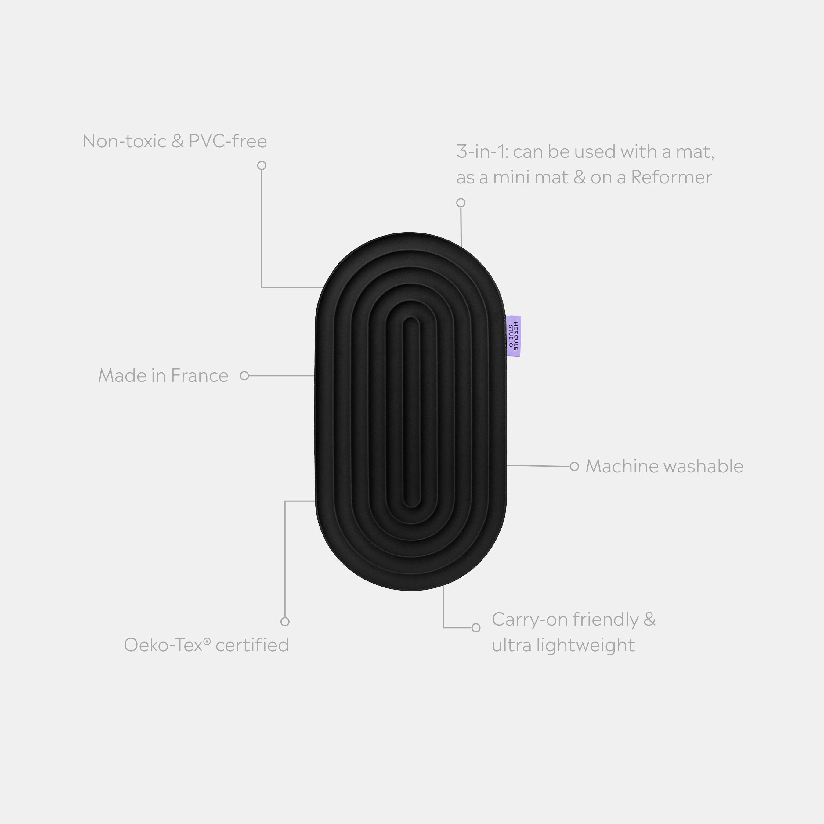 Mini tapis de sol pad de confort de la marque hercule studio modèle galé couleur outrenoir packshot déplié avec éléments de réassurance