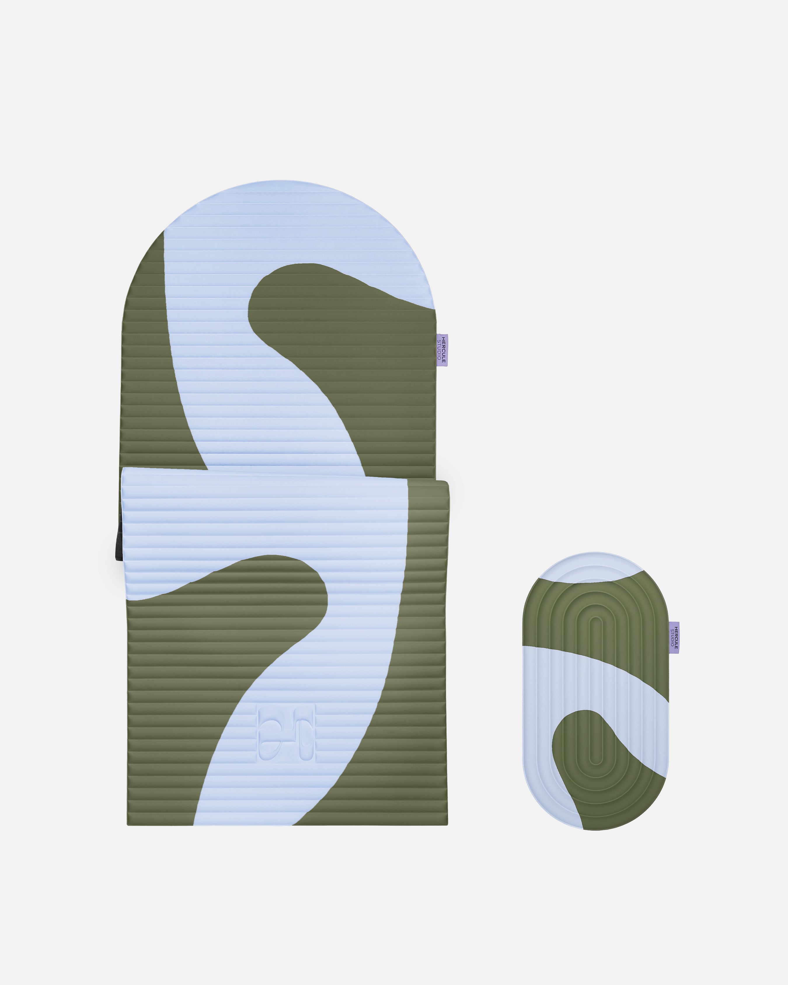 Bundle confort Hercule Studio imprimé Axel kaki bleu avec tapis Archy premium et pad Galé nomade 3-en-1, ensemble ergonomique pour pilates, yoga et Reformer, fabrication française durable, packshot