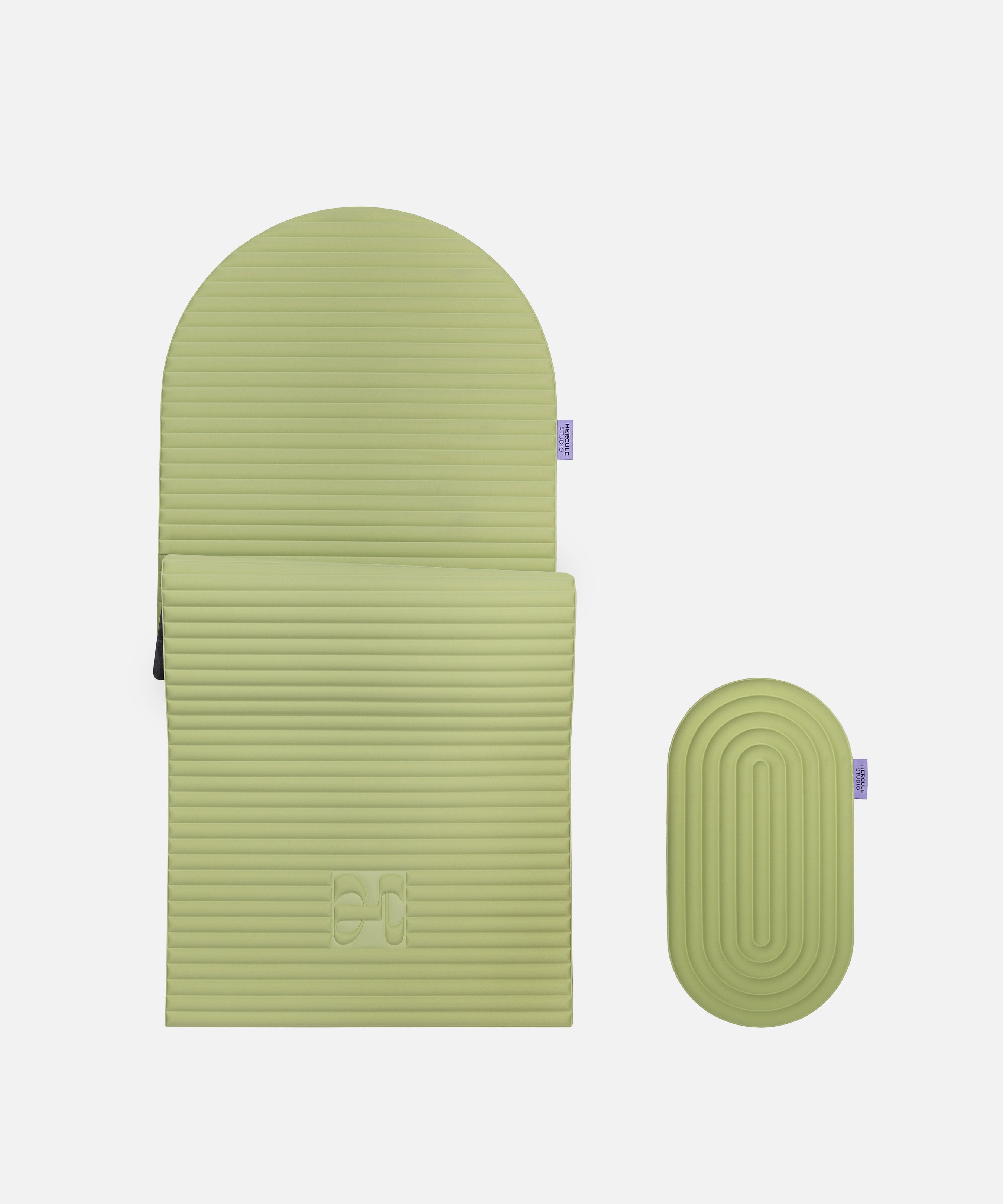 Hercule Studio pistachio green comfort bundle pairing the ergonomic Archy mat with the portable Galé mini mat, bundle designed for comfort in Pilates, yoga and Reformer, responsible French craftsmanship, packshot visual