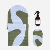 Bundle essentiel Hercule Studio imprimé Axel kaki bleu avec tapis Archy design graphique, pad de confort Galé 3-en-1 et spray assainissant pour tapis, set complet pilates et fitness made in France, packshot