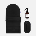 Set sport essentiel Hercule Studio noir outrenoir réunissant tapis Archy premium, pad de confort Galé ergonomique et spray assainissant pour tapis de yoga et fitness, solution complète Pilates Reformer Made in France, vue packshot