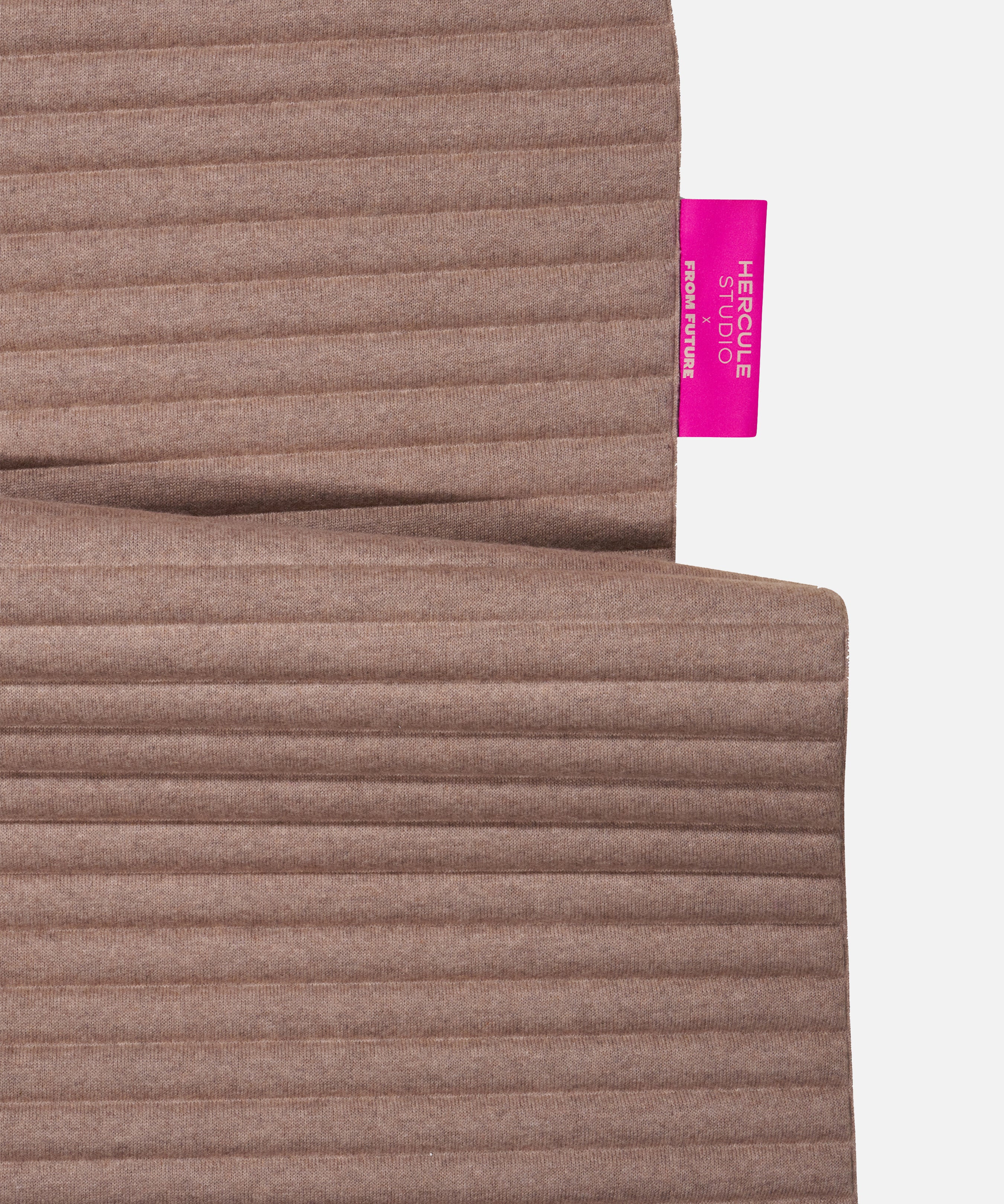 Custom Hercule Studio x From Future label detail on the Sandy Brown cashmere sport mat, premium finish