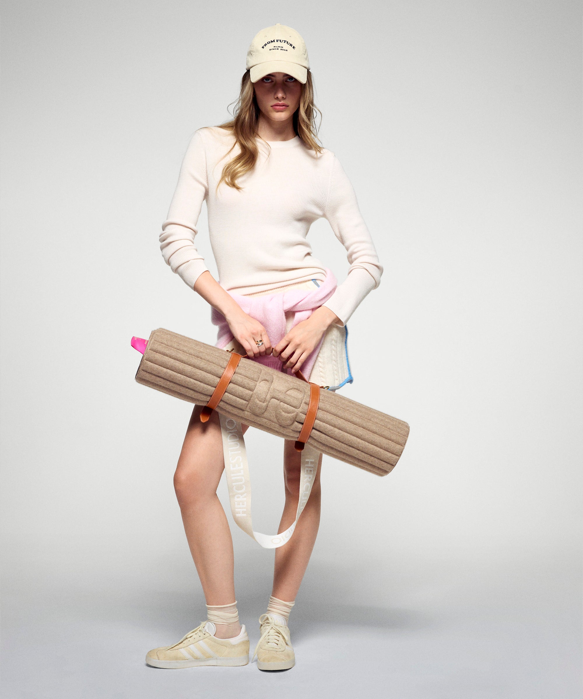 Hercule Studio x From Future Sandy Brown sport mat in lifestyle, premium beige cashmere for Pilates and yoga session, limited edition