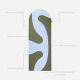 Hercule Studio Archy khaki and blue printed (Axel) unrolled sport mat, premium Made in France design mat for fitness, Pilates and stretching, with annotations highlighting key features and quality points