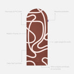 Hercule Studio Archy brown and ecru printed (Bari Choco) unrolled sport mat, premium Made in France design mat for fitness, Pilates and stretching, with annotations highlighting key features and quality points