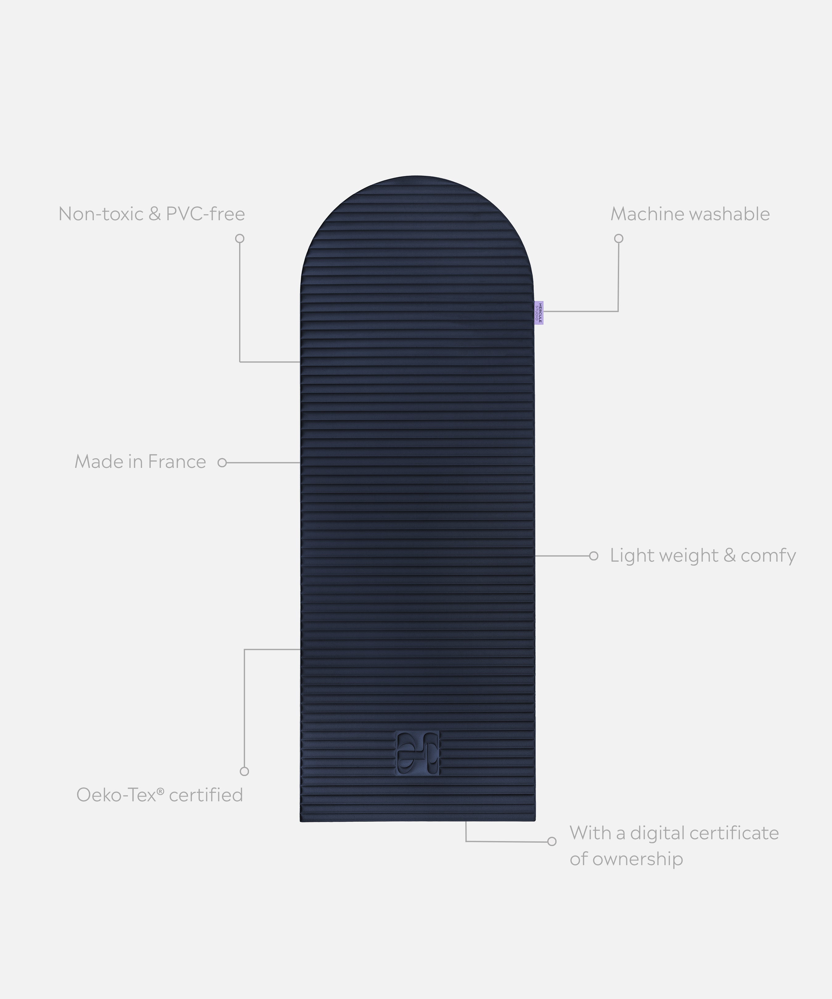 Tapis de sport déplié Hercule Studio Archy bleu nuit (navy), tapis de sol design durable et premium Made in France pour fitness, pilates et étirements, avec annotations montrant les caractéristiques et points de qualité du produit