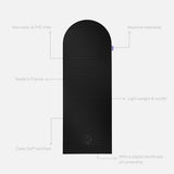 Hercule Studio Archy Midnight Black unrolled sport mat, premium Made in France design mat for fitness, Pilates and stretching, with annotations highlighting key features and quality points