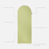 Hercule Studio Archy pistachio green unrolled sport mat, premium Made in France design mat for fitness, Pilates and stretching, with annotations highlighting key features and quality points