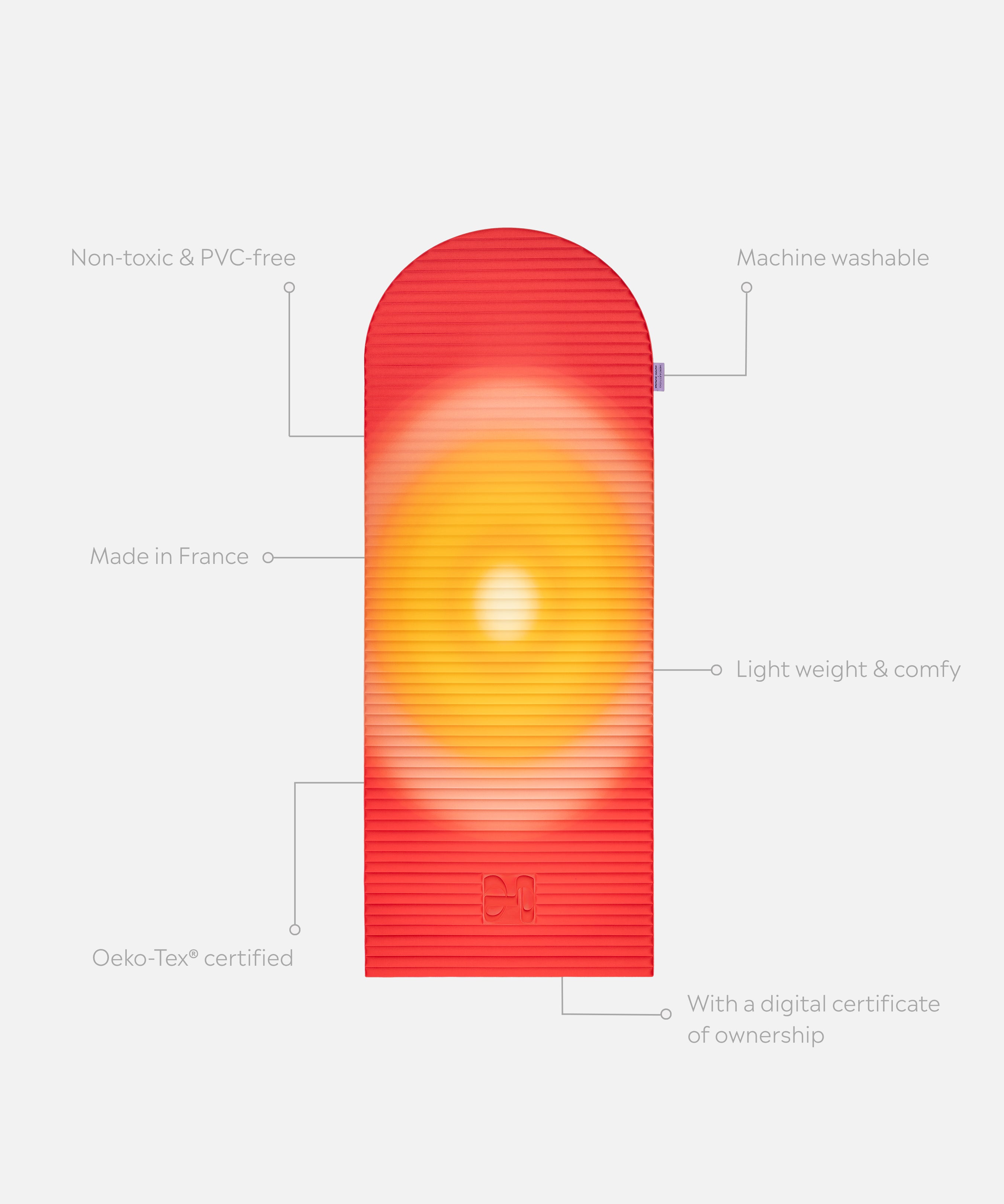 Hercule Studio x Univers Uchronia Archy Summer red and yellow printed unrolled sport mat, premium Made in France design mat for fitness, Pilates and stretching, with annotations highlighting key features and quality points