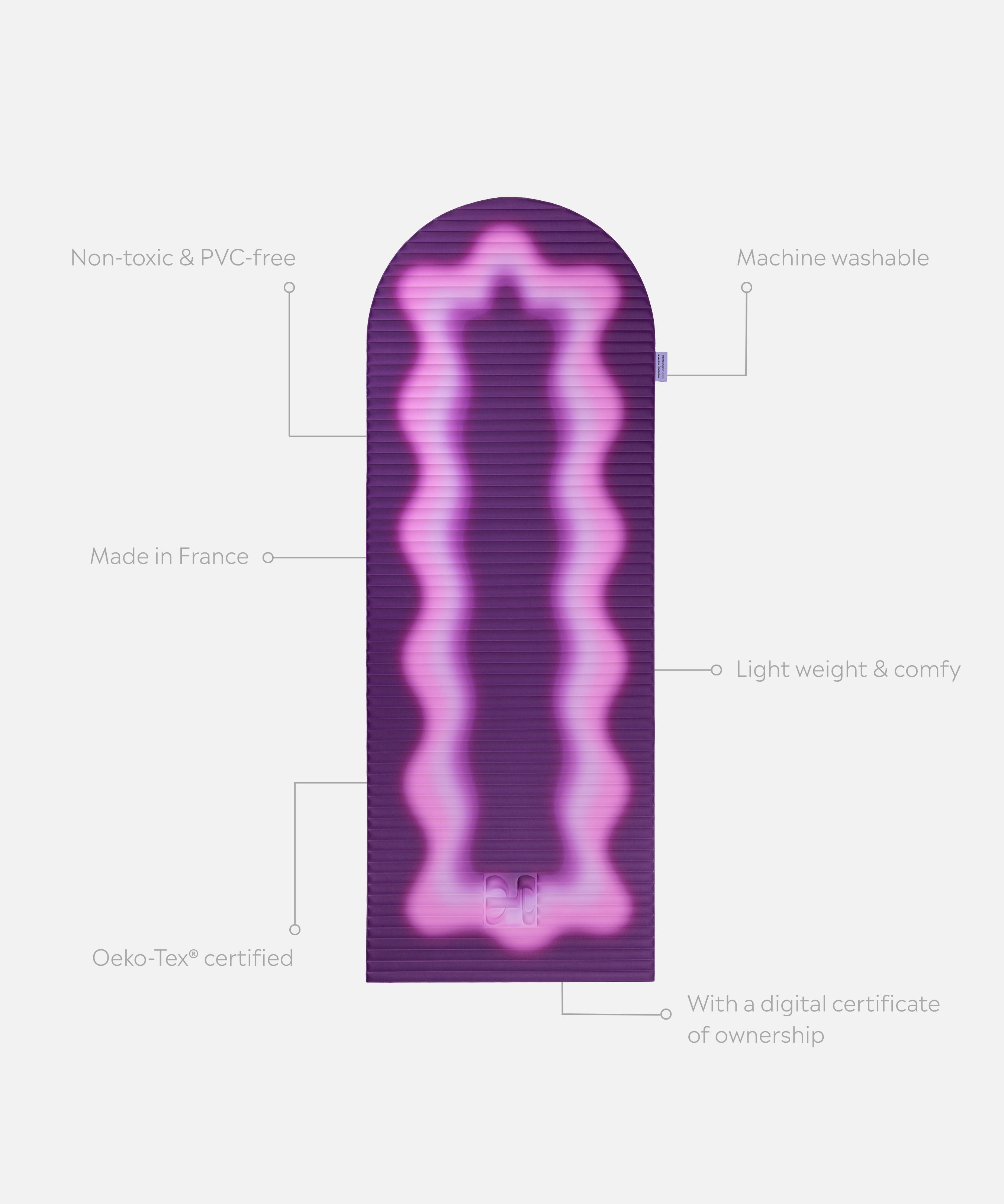 Hercule Studio x Univers Uchronia Archy Winter purple printed unrolled sport mat, premium Made in France design mat for fitness, Pilates and stretching, with annotations highlighting key features and quality points