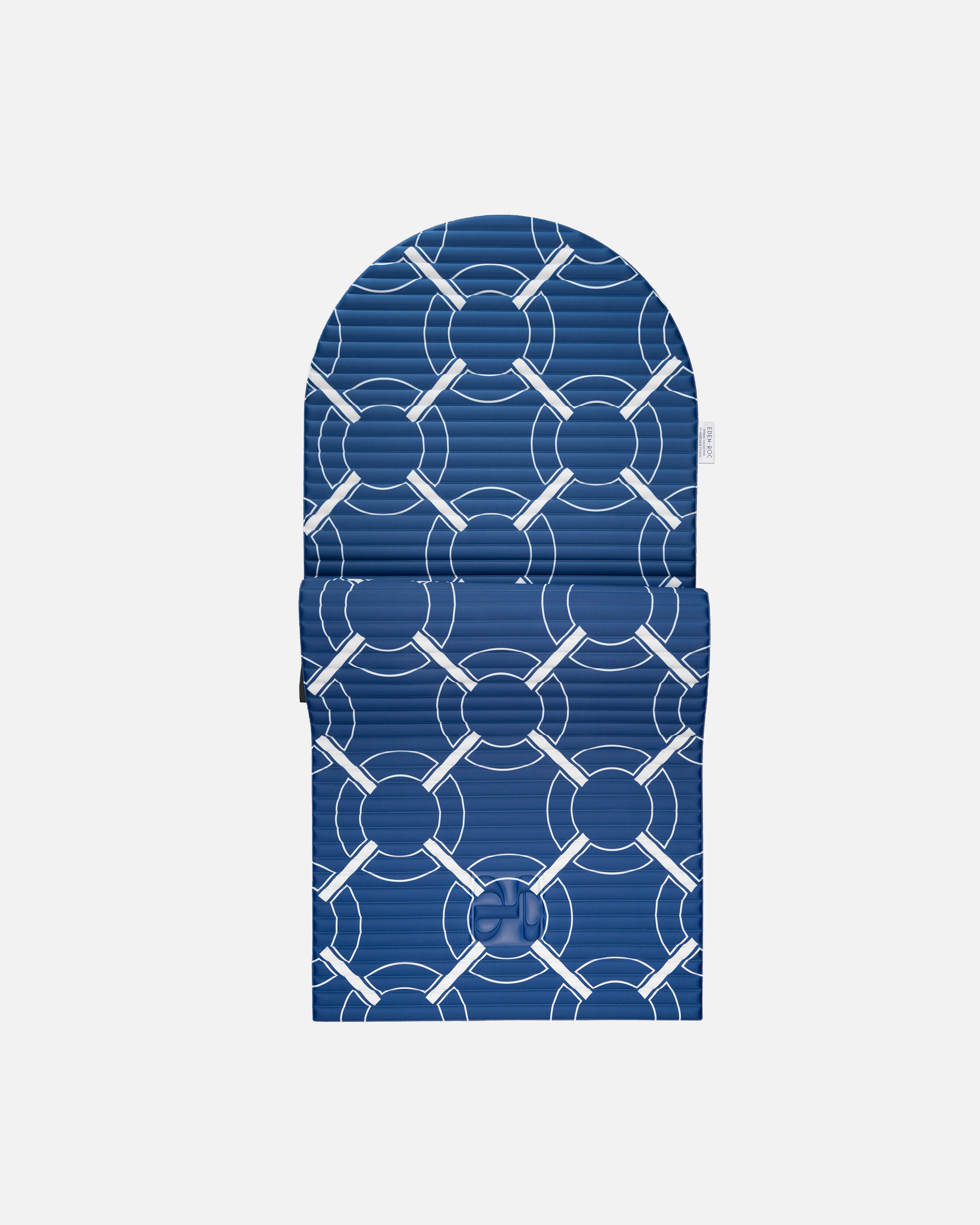 Hercule Studio Archy blue Eden roc monogram arch-shaped sport mat in limited edition, durable premium Made in France design mat for fitness, Pilates and stretching, half unrolled view