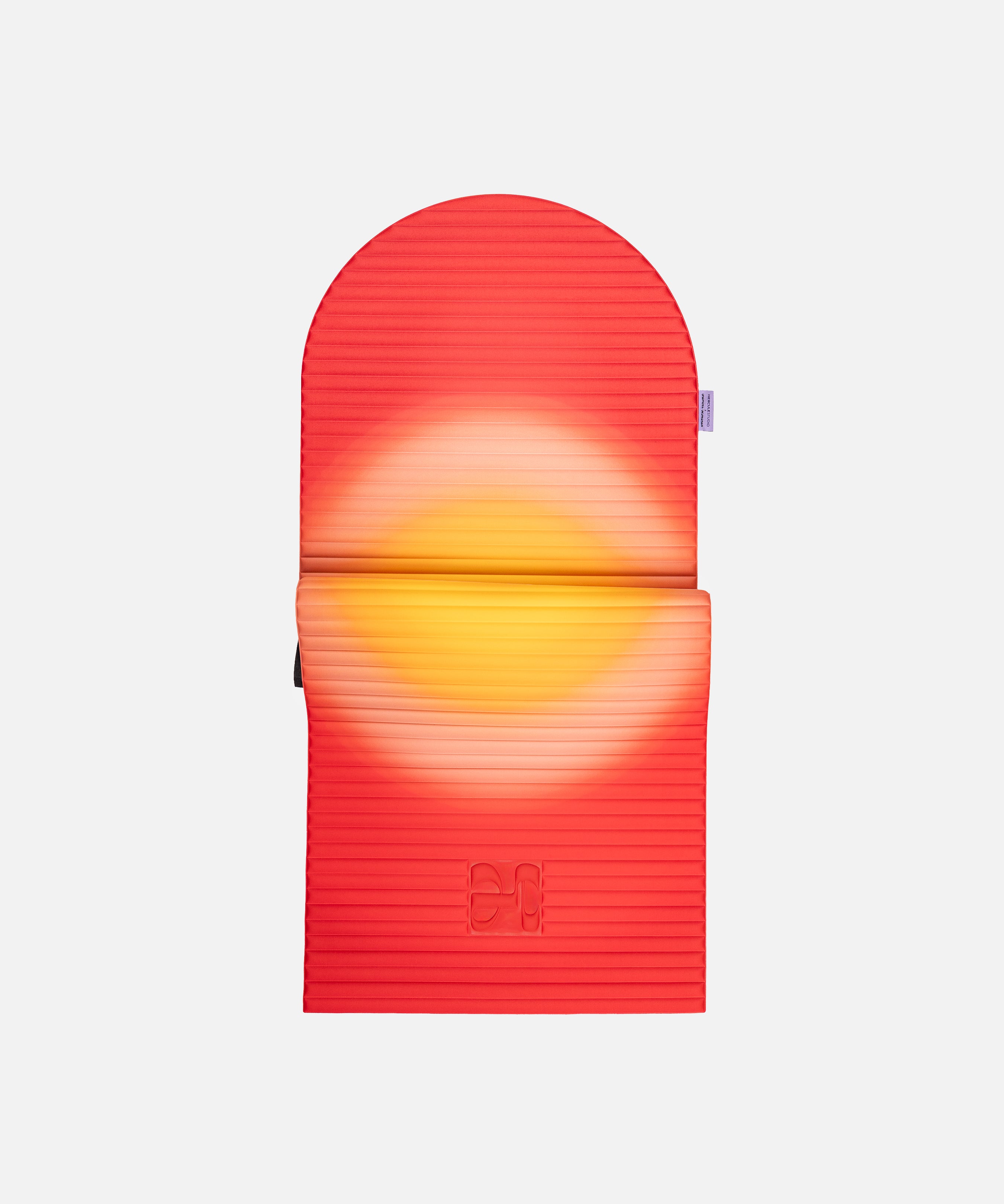 Hercule Studio x Univers Uchronia arch-shaped sport mat, Archy Summer red and yellow printed model, durable Made in France design mat for fitness, Pilates and stretching, half unrolled view