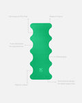 Mar Golf Green yoga mat unrolled, visual explainer of product benefits, strong grip, eco-friendly natural material
