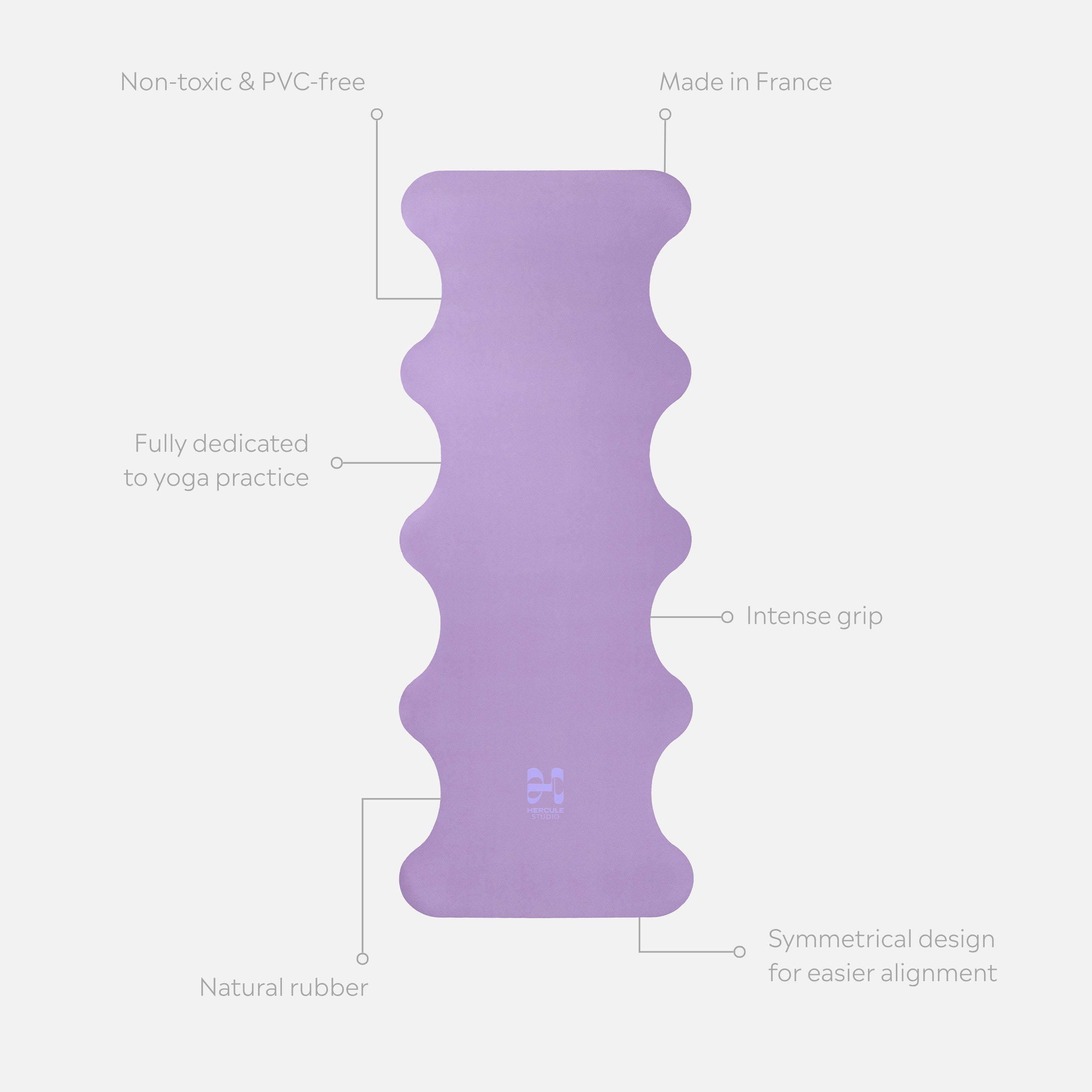 Tapis de sol pour le yoga de la marque hercule studio modèle mar couleur lavande packshot déplié avec éléments de réassurance