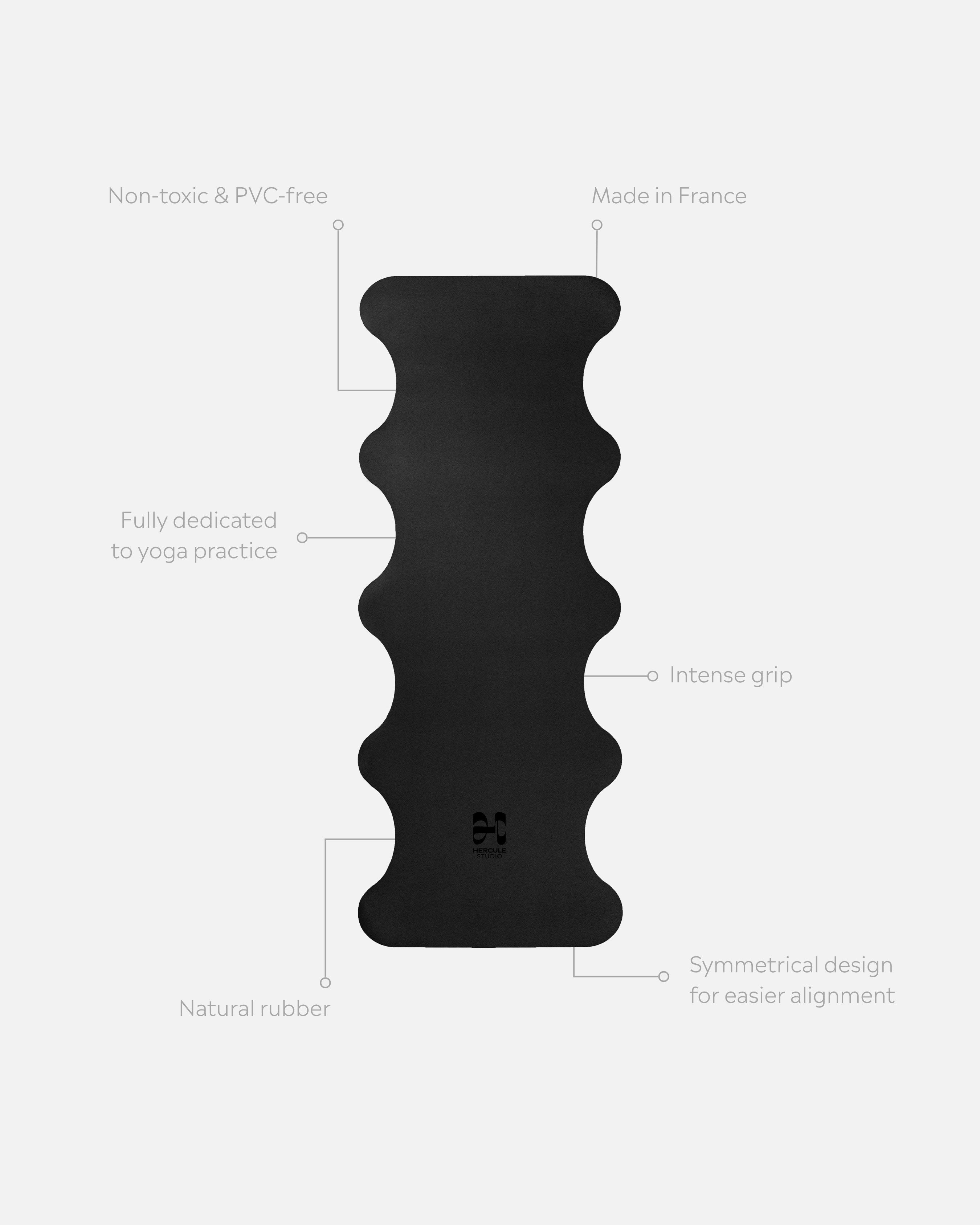 Tapis de sol pour le yoga de la marque hercule studio modèle mar couleur outrenoir packshot déplié avec éléments de réassurance