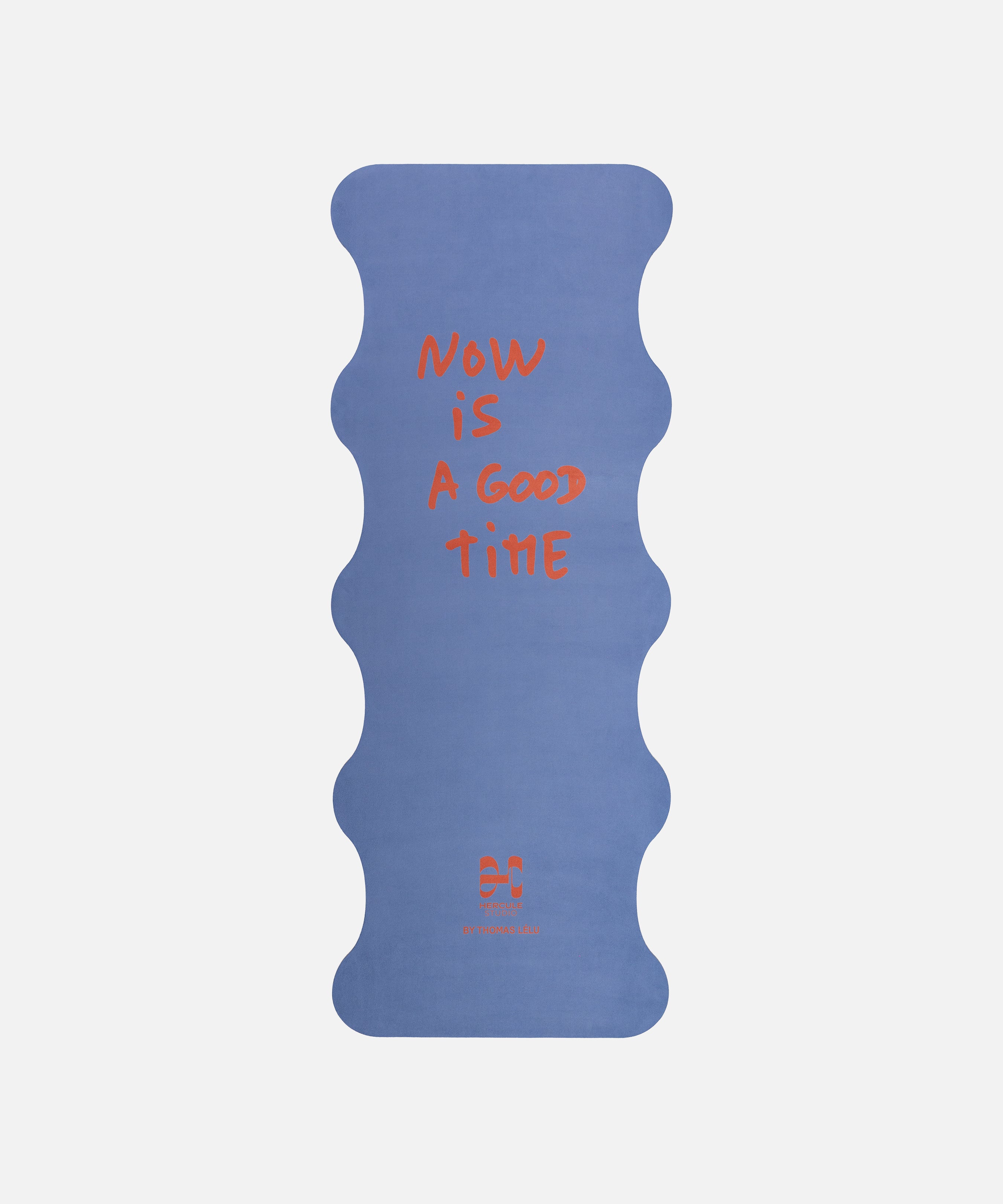 Hercule Studio Thomas Lélu quote yoga mat unrolled, blue background with red message, machine-washable suede, limited edition