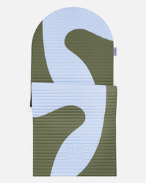 Hercule Studio Archy khaki and blue printed (Axel) arch-shaped sport mat, durable Made in France design mat for fitness, Pilates and stretching, half unrolled view