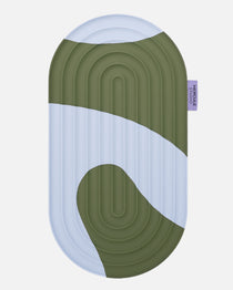 Hercule Studio Galé mini mat – khaki and blue printed (Axel) ergonomic 3-in-1 comfort pad – ergonomic support for knees, elbows, glutes, Pilates Reformer compatible, durable French design, unrolled view