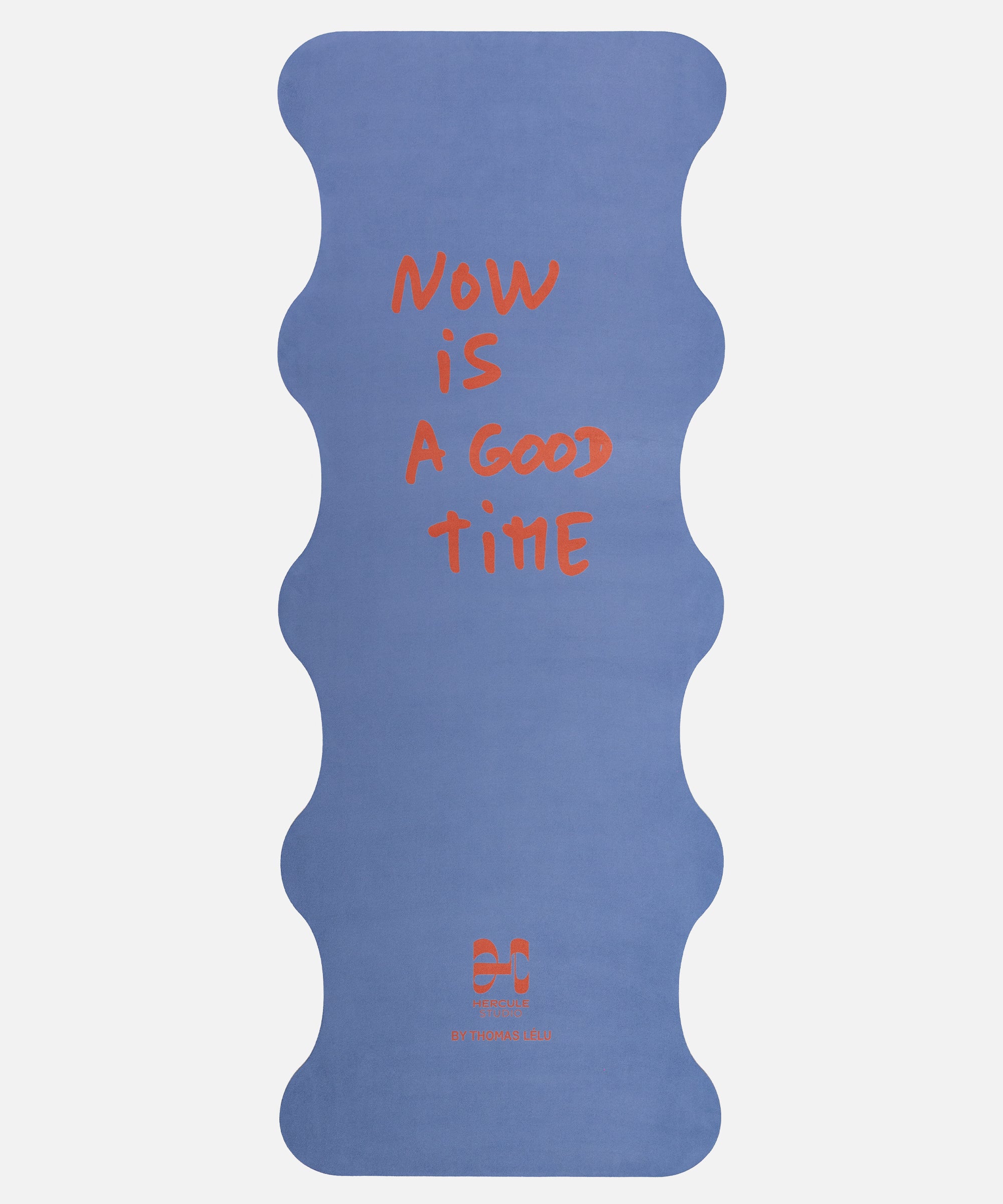 Hercule Studio Thomas Lélu quote yoga mat unrolled, blue background with red message, machine-washable suede, limited edition
