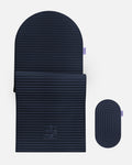 Hercule Studio navy blue comfort bundle pairing the premium Archy mat with the portable Galé 3-in-1 mini mat, ergonomic duo for knees and elbows in Pilates and fitness, French craftsmanship, packshot