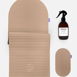 Hercule Studio Dune beige essential wellness bundle including the ergonomic Archy mat, the Galé comfort mini mat and the sport mat sanitizing spray, eco-designed Made in France Pilates and fitness pack, packshot visual