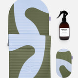 Hercule Studio Axel khaki blue printed essential bundle with the graphic design Archy mat, the Galé 3-in-1 comfort pad and the sanitizing spray, complete made in France Pilates and fitness bundle, packshot